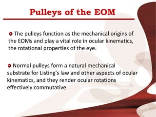 Pulleys of the EOM
The pulleys function as the mechanical origins of
the EOMs and play a vital role in ocular kinematics,
the rotational properties of the eye.
Normal pulleys form a natural mechanical
substrate for Listing's law and other aspects of ocular
kinematics, and they render ocular rotations
effectively commutative.
 