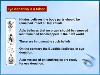 Hindus believes the body parts should be remained intact till last rituals. Adis believes that no organ should be removed lest remained handicapped in the next world. There are innumerable such beliefs. On the contrary the Buddhist believes in eye donation. Also  millions  of philanthropies are ready  for eye donation. Eye donation is a taboo 