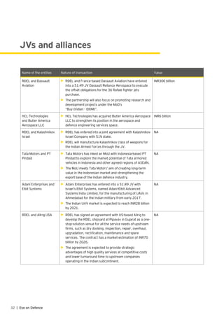 Name of the entities Nature of transaction Value
RDEL and Dassault
Aviation
•	 RDEL and France-based Dassault Aviation have entered
into a 51:49 JV Dassault Reliance Aerospace to execute
the offset obligations for the 36 Rafale fighter jets
purchase.
•	 The partnership will also focus on promoting research and
development projects under the MoD’s
“Buy (Indian - IDDM)”.
INR300 billion
HCL Technologies
and Butler America
Aerospace LLC
•	 HCL Technologies has acquired Butler America Aerospace
LLC to strengthen its position in the aerospace and
defence engineering services space.
INR6 billion
RDEL and Kalashnikov
Israel
•	 RDEL has entered into a joint agreement with Kalashnikov
Israel Company with 51% stake.
•	 RDEL will manufacture Kalashnikov class of weapons for
the Indian Armed Forces through the JV.
NA
Tata Motors and PT
Pindad
•	 Tata Motors has inked an MoU with Indonesia-based PT
Pindad to explore the market potential of Tata armored
vehicles in Indonesia and other agreed regions of ASEAN.
•	 The MoU meets Tata Motors’ aim of creating long-term
value in the Indonesian market and strengthening the
export base of the Indian defence industry.
NA
Adani Enterprises and
Elbit Systems
•	 Adani Enterprises has entered into a 51:49 JV with
Israel’s Elbit Systems, named Adani-Elbit Advanced
Systems India Limited, for the manufacturing of UAVs in
Ahmedabad for the Indian military from early 2017.
•	 The Indian UAV market is expected to reach INR28 billion
by 2021.
NA
RDEL and Allrig USA •	 RDEL has signed an agreement with US-based Allrig to
develop the RDEL shipyard at Pipavav in Gujarat as a one-
stop-solution venue for all the service needs of upstream
firms, such as dry docking, inspection, repair, overhaul,
upgradation, rectification, maintenance and spare
services. The contract has a market estimation of INR70
billion by 2026.
•	 The agreement is expected to provide strategic
advantages of high quality services at competitive costs
and lower turnaround time to upstream companies
operating in the Indian subcontinent.
NA
JVs and alliances
32 | Eye on Defence
 