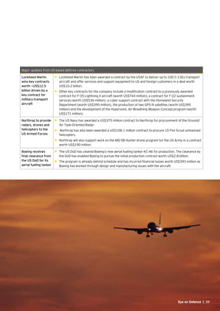 Major updates from US-based defence contractors
Lockheed Martin
wins key contracts
worth ~US$12.5
billion driven by a
key contract for
military transport
aircraft
•	 Lockheed Martin has been awarded a contract by the USAF to deliver up to 100 C-130J transport
aircraft and offer services and support equipment to US and foreign customers in a deal worth
US$10.2 billion.
•	 Other key contracts for the company include a modification contract to a previously awarded
contract for F-35 Lightning II aircraft (worth US$743 million), a contract for F-22 sustainment
services (worth US$536 million), a cyber support contract with the Homeland Security
Department (worth US$395 million), the production of two GPS III satellites (worth US$395
million) and the development of the Hypersonic Air-Breathing Weapon Concept program (worth
US$171 million).
Northrop to provide
radars, drones and
helicopters to the
US Armed Forces
•	 The US Navy has awarded a US$375 million contract to Northrop for procurement of the Ground/
Air Task-Oriented Radar.
•	 ►	Northrop has also been awarded a US$108.1 million contract to procure 10 Fire Scout unmanned
helicopters.
•	 Northrop will also support work on the MQ-5B Hunter drone program for the US Army in a contract
worth US$190 million.
Boeing receives
final clearance from
the US DoD for its
aerial fueling tanker
•	 The US DoD has cleared Boeing’s new aerial fueling tanker KC-46 for production. The clearance by
the DoD has enabled Boeing to pursue the initial production contract worth US$2.8 billion.
•	 The program is already behind schedule and has incurred financial losses worth US$393 million as
Boeing has worked through design and manufacturing issues with the aircraft.
39Eye on Defence |
 