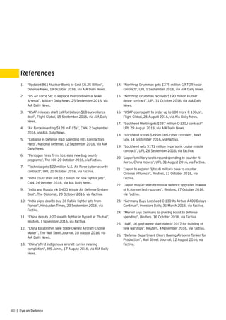 40 | Eye on Defence
1.	 	“Updated B61 Nuclear Bomb to Cost $8.25 Billion”,
Defense News, 19 October 2016, via AIA Daily News.
2.	 	“US Air Force Set to Replace Intercontinental Nuke
Arsenal”, Military Daily News, 25 September 2016, via
AIA Daily News.
3.	 	“USAF releases draft call for bids on $6B surveillance
deal”, Flight Global, 15 September 2016, via AIA Daily
News.
4.	 	“Air Force investing $12B in F-15s”, CNN, 2 September
2016, via AIA Daily News.
5.	 	“Collapse in Defense R&D Spending Hits Contractors
Hard”, National Defense, 12 September 2016, via AIA
Daily News.
6.	 	“Pentagon hires firms to create new bug bounty
programs”, The Hill, 20 October 2016, via Factiva.
7.	 	“Technica gets $22 million U.S. Air Force cybersecurity
contract”, UPI, 20 October 2016, via Factiva.
8.	 	“India could shell out $12 billion for new fighter jets”,
CNN, 26 October 2016, via AIA Daily News.
9.	 	“India and Russia Ink S-400 Missile Air Defense System
Deal”, The Diplomat, 20 October 2016, via Factiva.
10.	 	“India signs deal to buy 36 Rafale fighter jets from
France”, Hindustan Times, 23 September 2016, via
Factiva.
11.	 	“China debuts J-20 stealth fighter in flypast at Zhuhai”,
Reuters, 1 November 2016, via Factiva.
12.	 	“China Establishes New State-Owned Aircraft-Engine
Maker”, The Wall Steet Journal, 28 August 2016, via
AIA Daily News.
13.	 	“China’s first indigenous aircraft carrier nearing
completion”, IHS Janes, 17 August 2016, via AIA Daily
News.
References
14.	 	“Northrop Grumman gets $375 million G/ATOR radar
contract”, UPI, 1 September 2016, via AIA Daily News.
15.	 	“Northrop Grumman receives $190 million Hunter
drone contract”, UPI, 31 October 2016, via AIA Daily
News.
16.	 	“USAF opens path to order up to 100 more C-130Js”,
Flight Global, 25 August 2016, via AIA Daily News.
17.	 	“Lockheed Martin gets $287 million C-130J contract”,
UPI, 29 August 2016, via AIA Daily News.
18.	 	“Lockheed scores $395m DHS cyber contract”, Next
Gov, 14 September 2016, via Factiva.
19.	 	“Lockheed gets $171 million hypersonic cruise missile
contract”, UPI, 26 September 2016, via Factiva.
20.	 	“Japan’s military seeks record spending to counter N
Korea, China moves”, UPI, 31 August 2016, via Factiva.
21.	 	“Japan to expand Djibouti military base to counter
Chinese influence”, Reuters, 13 October 2016, via
Factiva.
22.	 	“Japan may accelerate missile defence upgrades in wake
of N.Korean tests-sources”, Reuters, 17 October 2016,
via Factiva.
23.	 	“Germany Buys Lockheed C-130 As Airbus A400 Delays
Continue”, Investors Daily, 31 March 2016, via Factiva.
24.	 	“Merkel says Germany to give big boost to defense
spending”, Reuters, 16 October 2016, via Factiva.
25.	 	“BAE, UK govt agree start date of 2017 for building of
new warships”, Reuters, 4 November 2016, via Factiva.
26.	 	“Defense Department Clears Boeing Airborne Tanker for
Production”, Wall Street Journal, 12 August 2016, via
Factiva.
 