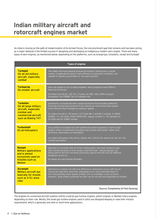8 | Eye on Defence
Indian military aircraft and
rotorcraft engines market
As India is moving on the path of modernization of its Armed Forces, the one prominent gap that remains and has been acting
as a major obstacle is the limited success in designing and developing an indigenous modern aero engine. There are many
types of aero engines, as mentioned below, depending on the platforms, such as turboprops, turbofans, ramjet and turbojet
The oldest and most general purpose jet engines, ﬁnding use in a large
variety of applications earlier; most efﬁcient at supersonic velocities, and
capable of speeds around Mach 3; not used anymore
Use a jet engine to turn a large propeller, which produces most (90% or
more) of the thrust
On Indian aircraft:AL -55, PC-7 Trainer, AI-20D -5M, C295 transport
(proposed), Do-228MP, An-32 transport etc.
Turbojet
On all old military
aircraft, especially
combat
Turboprop
On smaller aircraft
Essentially a turbojet but with a large ducted fan that provides additional
thrust by moving large amount of low velocity air around the main engine;
more efﬁcient than turbojets at subsonic speeds
On Indian aircraft:IL -78 tanker, LCA Tejas Mk-1 and Mk 2 combat, A-50EhI
AEW&C, Tu-142 ASW, Global-5000 AGS, Jaguar combat, IL-76 transport A-
50 AEW and Su-30MKI combat.
Turbofan
On all large military
aircraft, especially
combat and
commercial aircraft
such as Boeing 747
Very similar to turbojets but with additional turbine expansion; a form of gas
turbine, which is optimized to produce free turbine shaft power rather than
jet thrust; used mainly on helicopters
On Indian helicopters: HAL Dhruv, Rudra, HAL LCH & LUH, Kamov Ka-60, AH - 64
combat helicopters
Turboshaft
On all helicopters
Identical to a turbojet with all of the rotating parts removed; primarily used
with missiles because of their simple, small and high - velocity design; not-
being used on aircraft currently; previously used on aircraft such as AQM-60
Kingﬁsher and D-21.
On Indian aircraft/missiles:BrahMos
Ramjet
Military applications
and is almost
exclusively used on
missiles such as
Meteor
Identical to a ramjet, but with one difference: combustion occurs with the air
moving at supersonic velocities; estimated not to work well below Mach 5,
but could possibly reach speeds of Mach 24; no scramjets in use currently;
however, large military potential for their use on aircraft and especially on missiles
Scramjet
Military aircraft but
basically for missile
such as X-51 wave
rider
Types of engines
Source: Compiled by Q-Tech Synergy
The engines on unmanned aircraft systems (UAVs) could be gas turbine engines, piston engines or Wankel rotary engines,
depending on their role. Mostly, the small gas turbine engines used in UAVs are designed keeping in view their mission
requirement, which is generally one shot or short-time applications.
 