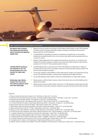 43Eye on Defence |
Major updates from US-based defence contractors
Key players look to enhance
cost savings and lead time by
using 3-D printing and adjusting
supplier base
•	 Boeing is aiming to achieve cost savings of US$2 million to US$3 million for each 787 Dreamline
aircraft by using 3-D printed components. Boeing is working on printing the first structural
titanium parts for its 787 Dreamliner.
•	 Lockheed Martin is expanding the number of components it manufactures via 3-D printing,
reducing the manufacturing time from six to one and a half months and the assembly time from
12 hours to 3 hours.
•	 Boeing is making adjustments to its supplier base focused on cost savings. It is moving to new
suppliers for key items, resulting in savings of more than US$1 billion annually. It plans to bring
production of 737 and 777 flap actuation systems in-house.
Lockheed Martin focusing on
cost reduction on its F-35
aircraft program; won a key
contract for mobile radar
system
•	 Lockheed Martin plans to reduce the price of the F-35A fighter jet to $85 million or lower per
aircraft by 2019 as part of its F-35 program, aiming to increase international sales by 50% in the
next five years through the program.
•	 The US Navy awarded Lockheed Martin a US$1 billion deal for logistics and sustainment services
for the F-35 Lightning II program, covering ground maintenance and depot activation.
•	 The US DoD awarded a US$1.6 billion contract to Lockheed Martin for mobile radar systems.
Boeing bags major defence
contacts from the US and
international customers worth
more than US$5 billion
•	 Boeing has won a US$3.4 billion five-year contract from the US Army, for 244 AH-64Es and 24
Apache Echo models.
•	 Boeing has also secured a US$2.2 billion contract for 17 P-8A Poseidon maritime patrol aircraft
for the US Navy (11 aircraft), and export customers Australia (4 aircraft) and the UK (2 aircraft).
Sources:
1.	“Russia To Ramp-Up Production of Sukhoi Su-34,” AIN Online, 10 April 2017, via Factiva.
2.	“As Russian Arms Sales Slow, Moscow Focus Now on Domestic Weapons Modernization,” USNI News, 17 April 2017, via Factiva.
3.	“Australia to Increase Defense Budget,” The Diplomat, 11 May 2017, via AIA Daily News.
4.	“Canadian defense minister: Helo upgrades worth the billions,” Defense News, 9 May 2017, via AIA Daily News.
5.	“U.S. Nears $100 Bln Arms Deal for Saudi Arabia: White House official,” Fox Business, 12 May 2017, via AIA Daily News.
6.	“Japan partners with UK to study future fighter,” Flight Global, 27 March 2017, via Factiva.
7.	“Japan bolsters defense-technology cooperation with Europe,” Nikkei Asian Review, 11 May 2017, via AIA Daily News.
8.	“Boeing receives $2.2bn order for 17 P-8As,” Flight Global, 4 April 2017, via AIA Daily News.
9.	“Boeing, US Army make multibillion, multiyear AH-64E deal official,” Defense News, 22 March 2017, via AIA Daily News .
10.	“Printed titanium parts expected to save millions in Boeing Dreamliner costs,” Channel NewsAsia, 11 April 2017, via AIA Daily News.
11.	“Lockheed, Aerojet bet on 3-D printing for manufacturing,” Space News, 12 April 2017, via AIA Daily News.
12.	“Supplier Changes Let Boeing Reap $1 Billion In Savings,” Aviation Week, 1 March 2017, via AIA Daily News.
13.	“Lockheed Martin lands $1.6B Army mobile radar contract,” C4ISRNET, 4 April 2017, via AIA Daily News.
14.	“Lockheed expanding counterfire radar to meet US Army’s capability gaps,” Defense News, 24 April 2017, via AIA Daily News.
15.	“Lockheed scores $1 billion in F-35 maintenance,” Flight Global, 28 February 2017, via Factiva.
16.	“Marillyn Hewson: Lockheed Aims to Reduce F-35A Cost to $85M Per Aircraft by 2019,” Executive Biz, 23 March 2017, via AIA Daily News.
 