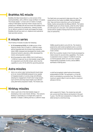 9Eye on Defence |
BrahMos NG missile
BrahMos NG (Next Generation) is a mini version of the
existing BrahMos, with a 290 km range and Mach 3.5 speed.
The missile weighs ~1.5 tons and is 5 meters in length,
making it 50% lighter and three meters shorter than its
predecessor. BrahMos NG will have lesser RCS (Radar Cross
Section) compared to its predecessor, making it harder
for air defence systems to locate and engage the target.
BrahMos NG will have land, air, shipborne and submarine
tube launched variants.
K missile series
The K family of missiles includes the following:
•	 K-15 (renamed as B-05): An SLBM version of the
Shaurya missile, the K-15 with a ~1,000 km range,
will be integrated with the Arihant class submarine.
India’s DRDL designed and developed the missile, while
Advanced Systems Laboratory (ASL) developed the
motors and propulsion systems.
•	 K-4: Developed by India’s DRDO, the K-4 will have a
~3,500 km range and be an intermediate range SLBM.
It is expected to arm the INS Arihant, which has the
capability to carry 4 K-4s while the upcoming planned
Astra missiles
•	 Astra is an active radar homing beyond-visual-range
air-to-air missile (BVRAAM) designed to be capable
of engaging targets at varying range and altitudes,
allowing for engagement of both short-range targets
(up to 20 km) and long-range targets (up to 80 km)
using alternative propulsion modes. The missile uses
Nirbhay missiles
•	 India is said to be in the intermediate stages of
developing a new cruise missile, Nirbhay . The subsonic
Nirbhay is reportedly 6 m in length with a 520 mm
diameter. It weighs 1,000 kg and has a 1,000 km range
The flight tests are expected to take place this year. The
missile will arm the Sukhoi Su30MKI, Mikoyan MiG29K,
HAL Tejas and future inductions such as the Dassault
Rafale, Sukhoi and possibly the Mikoyan MiG35. The Sukhoi
SU30MKI would carry three missiles, while the other fighter
aircraft would carry one each. The submarine-launched
variant will be capable of being fired from the new P75I
class of submarines.
SSBNs would be able to carry 8 K-4s. The missile is
powered by solid rocket propellants and is currently
undergoing technical trials followed by development
trials in 2018.
•	 K-5: This is another missile in the K-family developed by
India to boost its second-strike capabilities. The missile
is expected to have a range of ~5,000 km carrying
a 2-tonne payload, which can carry four multiple
independently targetable re-entry vehicle (MIRV)
warheads of 500 kg each.
a solid fuel propellant called hydroxyl-terminated
polybutadiene (HTPB). The warhead is a 15 kg HE,
which is activated by a proximity fuse. The missile’s
maximum speed is Mach 4 and can attain a maximum
altitude of 20 km.
with a speed of 0.7 Mach. The missile has met with
one success but three failures during tests in the past
5 years. The fifth test scheduled for 31 May 2017 was
deferred due to a technical snag.
9Eye on Defence |
 