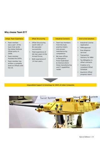 29Eye on Defence |
Why choose Team EY?
Unique Team Experience Offset Structuring Industrial Connects End to End Solutions
• Team member
was a part of the
team that wrote
the Indian Defense
Offset policy in
2006.
• Team member
founded the DOFA.
• Team member has
written a complete
book on Offsets with
the CII.
• Offset Structuring
worth US$ 3.7
Bn executed
successfully.
• Total experience of
66 man years in the
Armed Forces.
• MoD experience of
14 man years.
• Team has members
from the Auto
practice-India’s
only proven
manufacturing
competence
•
in Bangalore;
Pune Hyderabad
& Chennai where
these manufacturing
and IT capabilities
reside
• Industrial License
Application
• FIPB approval
• Due-diligence
services
• Transaction
Advisory for M&A
• Tax Mitigation in
offset contracts
• Creation of a
compliant Offset
Schedule
• Quarterly Offset
progress report
Unparalleled Support & Advantage for OEM’s & Indian Companies
 