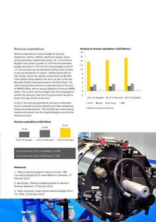 5Eye on Defence |
Revenue expenditure
Revenue expenditure includes budget for pay and
allowances, rations, clothing, stocking of spares, petrol,
oil and lubricants, maintenance works, etc. In the Interim
Budget it has shown a growth of 15% from the estimated
budget and that of 7.7% from the revised budget of 2013–
14. This increase may be attributed mainly to the increase
in pay and allowances of soldiers. Adding significantly to
this number will be the salaries and pensions for 80,000
fresh soldiers being added to the Army as part of the new
Mountain Strike Corps being raised in the North East. The
cost of raising these divisions is expected to be to the tune
of INR650 billion with an annual obligation of around INR80
billion. The current revenue budget may not be equipped to
handle this pressure. How then the government decides to
plug in this gap remains to be seen.
In 2013, the revenue expenditure overshot its allocation
due to increased fuel prices globally and India’s weakening
foreign exchange position. This shortfall was made good by
transferring money from the Capital Budget account to the
revenue account.
19.49
20.80
22.40
2013-14 (Budget) 2013-14 (Revised) 2014-15 (Budget)
Revenue expenditure (US$ billion)
-2
0
2
4
6
8
10
12
14
16
18
2013-14 (Budget) 2013-14 (Revised) 2014-15 (Budget)
Army Navy Air Force
Defence Ordnance Factories
R&D
Breakup of revenue expenditure (US$ billions)
% increase from 2013-14 (Budget): 14.95%
% increase from 2013-14 (Revised): 7.70%
References
1. “What-is-interim-budget-or-vote on account,” IBN
Live Interim Budget 2014, www.IBNlive.in.comnews, 17
February 2014
2. Ajai Shukla, “Defence budgeting based on delusion,”
Business Standard, 17 February 2014
3. “IDSA comments, India’s Interim Defence Budget 2014–
15,” IDSA, 23 February 2014
 