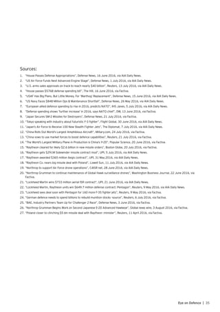 35Eye on Defence |
Sources:
1.	 “House Passes Defense Appropriations”, Defense News, 16 June 2016, via AIA Daily News.
2.	 “US Air Force Funds Next Advanced Engine Stage”, Defense News, 1 July 2016, via AIA Daily News.
3.	 “U.S. arms sales approvals on track to reach nearly $40 billion”, Reuters, 13 July 2016, via AIA Daily News.
4.	 “House passes $576B defense spending bill”, The Hill, 16 June 2016, via Factiva.
5.	 “USAF Has Big Plans, But Little Money, For ‘Warthog’ Replacement”, Defense News, 15 June 2016, via AIA Daily News.
6.	 “US Navy Faces $848 Million Ops & Maintenance Shortfall”, Defense News, 26 May 2016, via AIA Daily News.
7.	 “European allied defence spending to rise in 2016, predicts NATO”, IHS Janes, 5 July 2016, via AIA Daily News.
8.	 “Defense spending shows ‘further increase’ in 2016, says NATO chief”, DW, 13 June 2016, via Factiva.
9.	 “Japan Secures SM-2 Missiles for Destroyers”, Defense News, 21 July 2016, via Factiva.
10.	“Tokyo speaking with industry about futuristic F-3 fighter”, Flight Global, 30 June 2016, via AIA Daily News.
11.	“Japan’s Air Force to Receive 100 New Stealth Fighter Jets”, The Diplomat, 7 July 2016, via AIA Daily News.
12.	“China Rolls Out World’s Largest Amphibious Aircraft”, Miltary.com, 24 July 2016, via Factiva.
13.	“China vows to use market forces to boost defence capabilities”, Reuters, 21 July 2016, via Factiva.
14.	“The World’s Largest Military Plane in Production is China’s Y-20”, Popular Science, 20 June 2016, via Factiva.
15.	“Raytheon cleared for likely $2.6 billion in new missile orders”, Boston Globe, 20 July 2016, via Factiva.
16.	“Raytheon gets $291M Sidewinder missile contract mod”, UPI, 5 July 2016, via AIA Daily News.
17.	“Raytheon awarded $365 million Aegis contract”, UPI, 31 May 2016, via AIA Daily News.
18.	“Raytheon Co. nears big missile deal with Poland”, Lowell Sun, 11 July 2016, via AIA Daily News.
19.	“Northrop to support Air Force drone operations”, C4ISR net, 28 June 2016, via AIA Daily News.
20.	“Northrop Grumman to continue maintenance of Global Hawk surveillance drones”, Washington Business Journal, 22 June 2016, via
Factiva.
21.	“Lockheed Martin wins $733 million aerial ISR contract”, UPI, 21 June 2016, via AIA Daily News.
22.	“Lockheed Martin, Raytheon units win $649.7 million defense contract: Pentagon”, Reuters, 9 May 2016, via AIA Daily News.
23.	“Lockheed sees deal soon with Pentagon for 160 more F-35 fighter jets”, Reuters, 9 May 2016, via Factiva.
24.	“German defence needs to spend billions to rebuild munition stocks -source”, Reuters, 6 July 2016, via Factiva.
25.	“BAE, Industry Partners Team Up for Challenger 2 Race”, Defense News, 3 June 2016, via Factiva.
26.	“Northrop Grumman Begins Work on Second Japanese E-2D Advanced Hawkeye”, Global news wire, 3 August 2016, via Factiva.
27.	“Poland closer to clinching $5 bln missile deal with Raytheon :minister”, Reuters, 11 April 2016, via Factiva.
 