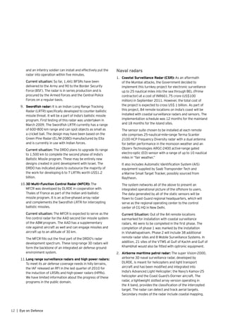12 | Eye on Defence
and an infantry soldier can install and effectively put the
radar into operation within five minutes.
	 Current situation: So far, 1,441 BFSRs have been
delivered to the Army and 90 to the Border Security
Force (BSF). The radar is in series production and is
procured by the Armed Forces and the Central Police
Forces on a regular basis.
9.	 Swordfish radar: It is an Indian Long Range Tracking
Radar (LRTR) specifically developed to counter ballistic
missile threat. It will be a part of India’s ballistic missile
program. First testing of this radar was undertaken in
March 2009. The Swordfish LRTR currently has a range
of 600–800 km range and can spot objects as small as
a cricket ball. The design may have been based on the
Green Pine Radar (EL/M-2080) manufactured by Elta
and is currently in use with Indian forces.
	 Current situation: The DRDO plans to upgrade its range
to 1,500 km to complete the second phase of India’s
Ballistic Missile program. These may be entirely new
designs created in joint development with Israel. The
DRDO has indicated plans to outsource the majority of
the work for developing 6 to 7 LRTRs worth US$1.2
billion.
10.	3D Multi-Function Control Radar (MFCR): The
MFCR was developed by DLRDE in cooperation with
Thales of France as part of the Indian anti-ballistic
missile program. It is an active-phased array radar
and complements the Swordfish LRTR for intercepting
ballistic missiles.
	 Current situation: The MFCR is expected to serve as the
fire control radar for the AAD second tier missile system
of the ABM program. The AAD has a supplementary
role against aircraft as well and can engage missiles and
aircraft up to an altitude of 30 km.
	 The MFCR fills out the final part of the DRDO’s radar
development spectrum. These long-range 3D radars will
form the backbone of an integrated air defense ground
environment system.
11.	Long range surveillance radars and high power radars:
To meet its air defense coverage needs in hilly terrains,
the IAF released an RFI in the last quarter of 2010 for
the induction of LRSRs and high-power radars (HPRs).
We have limited information about the progress of these
programs in the public domain.
Naval radars
1.	 Coastal Surveillance Radar (CSR): As an aftermath
of the Mumbai attacks, the Government decided to
implement this turnkey project for electronic surveillance
up to 25 nautical miles into the sea through BEL (Prime
contractor) at a cost of INR601.75 crore (US$100
million) in September 2011. However, the total cost of
the project is expected to cross US$ 1 billion. As part of
this project, 84 remote locations on India’s coast will be
installed with coastal surveillance radars and sensors. The
implementation schedule was 12 months for the mainland
and 18 months for the Island sites.
	 The sensor suite chosen to be installed at each remote
site comprises 25-nautical-mile-range Terma Scanter
2100 HCP Frequency Diversity radar with a dual antenna
for better performance in the monsoon weather and an
Obzerv Technologies ARGC-2400 active-range gated
electro-optic (EO) sensor with a range of up to 10 nautical
miles in “fair weather.”
	 It also includes Automatic Identification System (AIS)
equipment supplied by Saab Transponder Tech and
a Marine Small Target Tracker, possibly sourced from
Raytheon.
	 The system networks all of the above to present an
integrated operational picture of the offshore to users.
The data generated by all of the static sensors will be
flown to Coast Guard regional headquarters, which will
serve as the regional operating center to the control
center of CG HQ in New Delhi.
	 Current Situation: Out of the 84 remote locations
earmarked for installation with coastal surveillance
radars, 46 were to be completed in the first phase. The
completion of phase 1 was marked by the installation
in Vishakhapatnam. Phase 2 will include 38 additional
remote radar sites and 8 Mobile Surveillance Systems. In
addition, 21 sites of the VTMS at Gulf of Kachh and Gulf of
Khambhat would also be fitted with optronic equipment.
2.	 Airborne maritime patrol radar: The super Vision-2000,
airborne 3D naval surveillance radar, developed by
DLRDE, is meant for helicopters and light transport
aircraft and has been modified and integrated into
India’s Advanced Light Helicopter; the Navy’s Kamov-25
helicopter and the Coast Guard’s Dornier aircraft. The
radar, a lightweight slotted array version operating in
the X band, provides the classification of the intercepted
target. The radar can detect and track aerial targets.
Secondary modes of the radar include coastal mapping,
 