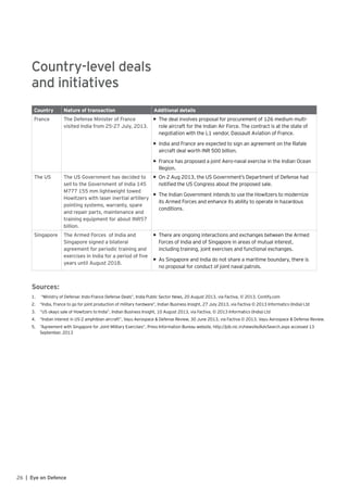 26 | Eye on Defence
Country-level deals
and initiatives
Country Nature of transaction Additional details
France The Defense Minister of France
visited India from 25-27 July, 2013.
•	 The deal involves proposal for procurement of 126 medium multi-
role aircraft for the Indian Air Force. The contract is at the state of
negotiation with the L1 vendor, Dassault Aviation of France.
•	 India and France are expected to sign an agreement on the Rafale
aircraft deal worth INR 500 billion.
•	 France has proposed a joint Aero-naval exercise in the Indian Ocean
Region.
The US The US Government has decided to
sell to the Government of India 145
M777 155 mm lightweight towed
Howitzers with laser inertial artillery
pointing systems, warranty, spare
and repair parts, maintenance and
training equipment for about INR57
billion.
•	 On 2 Aug 2013, the US Government’s Department of Defense had
notified the US Congress about the proposed sale.
•	 The Indian Government intends to use the Howitzers to modernize
its Armed Forces and enhance its ability to operate in hazardous
conditions.
Singapore The Armed Forces of India and
Singapore signed a bilateral
agreement for periodic training and
exercises in India for a period of five
years until August 2018.
•	 There are ongoing interactions and exchanges between the Armed
Forces of India and of Singapore in areas of mutual interest,
including training, joint exercises and functional exchanges.
•	 As Singapore and India do not share a maritime boundary, there is
no proposal for conduct of joint naval patrols.
Sources:
1.	 “Ministry of Defense: Indo-France Defense Deals”, India Public Sector News, 20 August 2013, via Factiva, © 2013. Contify.com
2.	 “India, France to go for joint production of military hardware”, Indian Business Insight, 27 July 2013, via Factiva © 2013 Informatics (India) Ltd
3.	 “US okays sale of Howitzers to India”, Indian Business Insight, 10 August 2013, via Factiva, © 2013 Informatics (India) Ltd
4.	 “Indian interest in US-2 amphibian aircraft”, Vayu Aerospace & Defense Review, 30 June 2013, via Factiva © 2013. Vayu Aerospace & Defense Review.
5.	 “Agreement with Singapore for Joint Military Exercises”, Press Information Bureau website, http://pib.nic.in/newsite/AdvSearch.aspx accessed 13
September, 2013
 