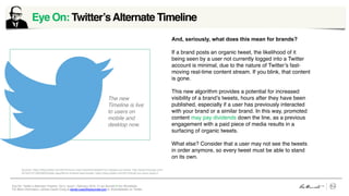 Eye On: Twitter’s Alternate Timeline, Vol 5, Issue1, February 2016 © Leo Burnett /// Arc Worldwide
For More Information, contact Daniel Craig at daniel.craig@leoburnett.com or @portabledan on Twitter.
And, seriously, what does this mean for brands?
If a brand posts an organic tweet, the likelihood of it
being seen by a user not currently logged into a Twitter
account is minimal, due to the nature of Twitter’s fast-
moving real-time content stream. If you blink, that content
is gone.
This new algorithm provides a potential for increased
visibility of a brand’s tweets, hours after they have been
published, especially if a user has previously interacted
with your brand or a similar brand. In this way, promoted
content may pay dividends down the line, as a previous
engagement with a paid piece of media results in a
surfacing of organic tweets.
What else? Consider that a user may not see the tweets
in order anymore, so every tweet must be able to stand
on its own.
Eye On: Twitter’sAlternate Timeline	
  
Sources: https://blog.twitter.com/2016/never-miss-important-tweets-from-people-you-follow; http://www.theverge.com/
2016/2/10/10955602/twitter-algorithmic-timeline-best-tweets; https://blog.twitter.com/2015/while-you-were-away-0
The new
Timeline is live
to users on
mobile and
desktop now.
 