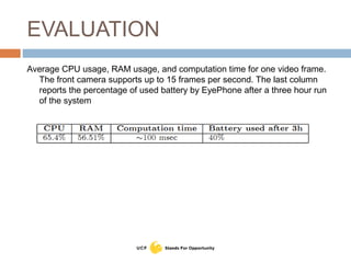 EVALUATION
Average CPU usage, RAM usage, and computation time for one video frame.
The front camera supports up to 15 frames per second. The last column
reports the percentage of used battery by EyePhone after a three hour run
of the system
 