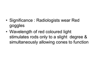 • Significance : Radiologists wear Red
goggles
• Wavelength of red coloured light
stimulates rods only to a slight degree &
simultaneously allowing cones to function
 