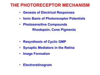 THE PHOTORECEPTOR MECHANISM
• Genesis of Electrical Responses
• Ionic Basis of Photoreceptor Potentials
• Photosensitive Compounds
Rhodopsin, Cone Pigments
• Resynthesis of Cyclic GMP
• Synaptic Mediators in the Retina
• Image Formation
• Electroretinogram
 