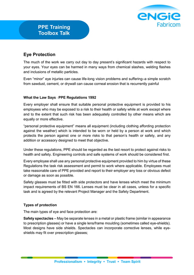 Eye protection ppe toolbox talk training pdf