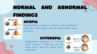 Nearsightedness (myopia) is a common vision condition in
which near objects appear clear, but objects farther away
look blurry
Farsightedness (hyperopia) is a common
vision condition in which you can see
distant objects clearly, but objects nearby
may be blurry.
 
