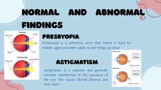Presbyopia is a refractive error that makes it hard for
middle-aged and older adults to see things up close
Astigmatism is a common and generally
treatable imperfection in the curvature of
the eye that causes blurred distance and
near vision
 