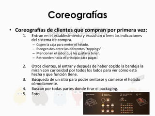 Coreografías
•  Coreogra'as	
  de	
  clientes	
  que	
  compran	
  por	
  primera	
  vez:	
  
1.  Entran	
  en	
  el	
  establecimiento	
  y	
  escuchan	
  o	
  leen	
  las	
  indicaciones	
  
del	
  sistema	
  de	
  compra.	
  	
  
–  Cogen	
  la	
  caja	
  para	
  meter	
  el	
  helado.	
  
–  Escogen	
  dos	
  entre	
  los	
  diferentes	
  "toppings"	
  	
  
–  Mencionan	
  el	
  sabor	
  que	
  les	
  gustaría	
  tener.	
  	
  
–  Retroceden	
  hacia	
  el	
  principio	
  para	
  pagar.	
  	
  
	
  
2.  Otros	
  clientes,	
  al	
  entrar	
  y	
  después	
  de	
  haber	
  cogido	
  la	
  bandeja	
  la	
  
miran	
  con	
  curiosidad	
  por	
  todos	
  los	
  lados	
  para	
  ver	
  cómo	
  está	
  
hecha	
  y	
  que	
  función	
  Fene.	
  
3.  Búsqueda	
  de	
  un	
  siFo	
  para	
  poder	
  sentarse	
  y	
  comerse	
  el	
  helado	
  
cómodamente.	
  	
  
4.  Buscan	
  por	
  todas	
  partes	
  donde	
  Frar	
  el	
  packaging.	
  	
  
5.  Foto	
  
 