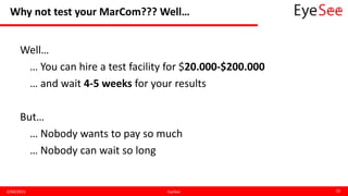 Why not test your MarCom??? Well…
2/04/2015 EyeSee 10
Well…
… You can hire a test facility for $20.000-$200.000
… and wait 4-5 weeks for your results
But…
… Nobody wants to pay so much
… Nobody can wait so long
 