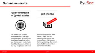 Our unique service
2/04/2015 EyeSee 19
The eye tracking survey is
launched within a day. Next
respondents are recruited –via
global panel suppliers- online
and their eyes are tracked with
their PC and webcam. Within a
few days insights are delivered.
Quick turnaround
of (global) studies
Cost effective
Our recruitment costs are a
factor 2 lower and our
operational processes are
more efficient than conven-
tional eye tracking. Our price is
typically 2 times lower than
conventional studies.
 