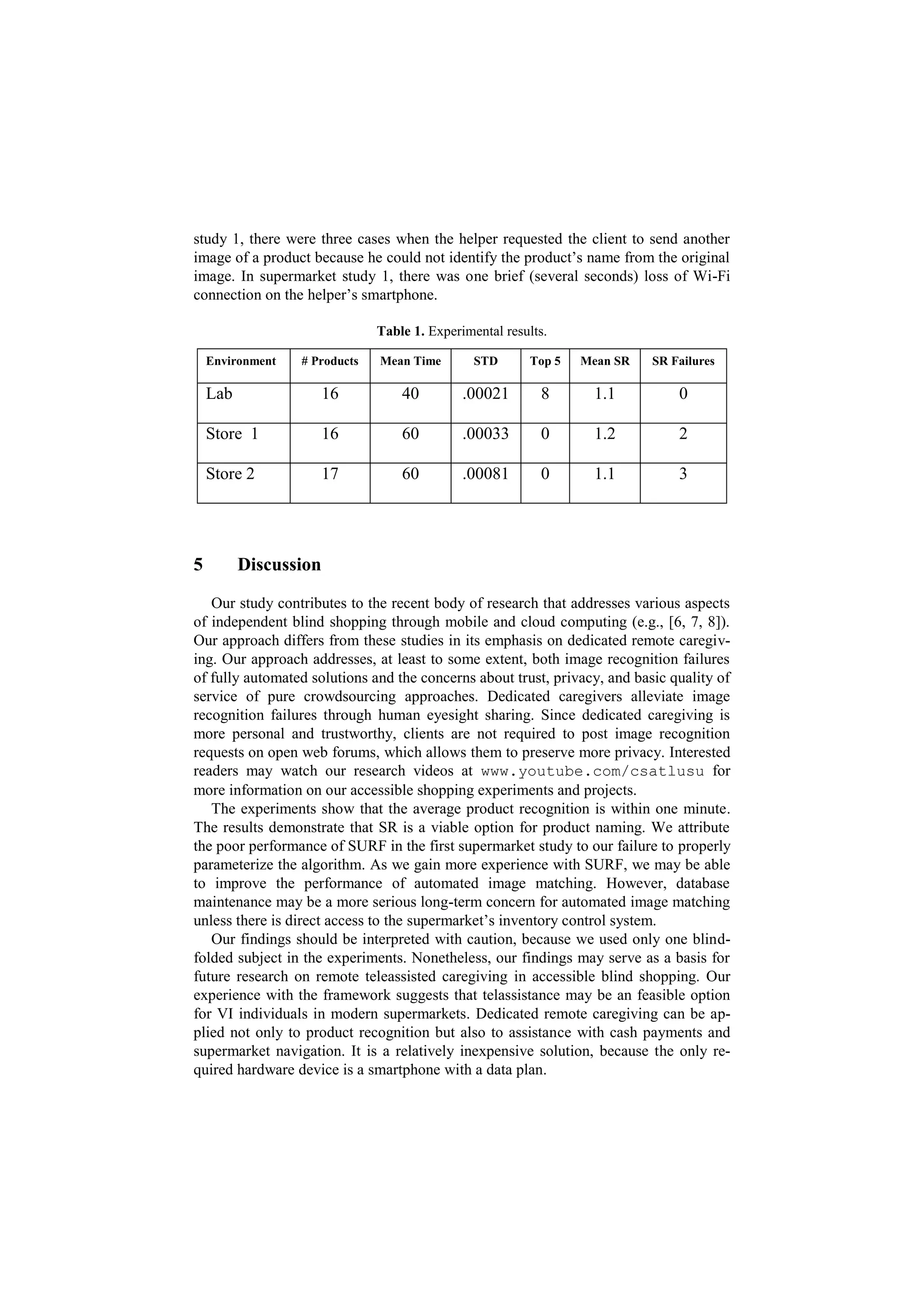 study 1, there were three cases when the helper requested the client to send another
image of a product because he could not identify the product’s name from the original
image. In supermarket study 1, there was one brief (several seconds) loss of Wi-Fi
connection on the helper’s smartphone.

                               Table 1. Experimental results.

    Environment   # Products   Mean Time        STD      Top 5   Mean SR   SR Failures

    Lab                16          40         .00021       8      1.1          0

    Store 1            16          60         .00033       0      1.2          2

    Store 2            17          60         .00081       0      1.1          3




5         Discussion

   Our study contributes to the recent body of research that addresses various aspects
of independent blind shopping through mobile and cloud computing (e.g., [6, 7, 8]).
Our approach differs from these studies in its emphasis on dedicated remote caregiv-
ing. Our approach addresses, at least to some extent, both image recognition failures
of fully automated solutions and the concerns about trust, privacy, and basic quality of
service of pure crowdsourcing approaches. Dedicated caregivers alleviate image
recognition failures through human eyesight sharing. Since dedicated caregiving is
more personal and trustworthy, clients are not required to post image recognition
requests on open web forums, which allows them to preserve more privacy. Interested
readers may watch our research videos at www.youtube.com/csatlusu for
more information on our accessible shopping experiments and projects.
   The experiments show that the average product recognition is within one minute.
The results demonstrate that SR is a viable option for product naming. We attribute
the poor performance of SURF in the first supermarket study to our failure to properly
parameterize the algorithm. As we gain more experience with SURF, we may be able
to improve the performance of automated image matching. However, database
maintenance may be a more serious long-term concern for automated image matching
unless there is direct access to the supermarket’s inventory control system.
   Our findings should be interpreted with caution, because we used only one blind-
folded subject in the experiments. Nonetheless, our findings may serve as a basis for
future research on remote teleassisted caregiving in accessible blind shopping. Our
experience with the framework suggests that telassistance may be an feasible option
for VI individuals in modern supermarkets. Dedicated remote caregiving can be ap-
plied not only to product recognition but also to assistance with cash payments and
supermarket navigation. It is a relatively inexpensive solution, because the only re-
quired hardware device is a smartphone with a data plan.
 