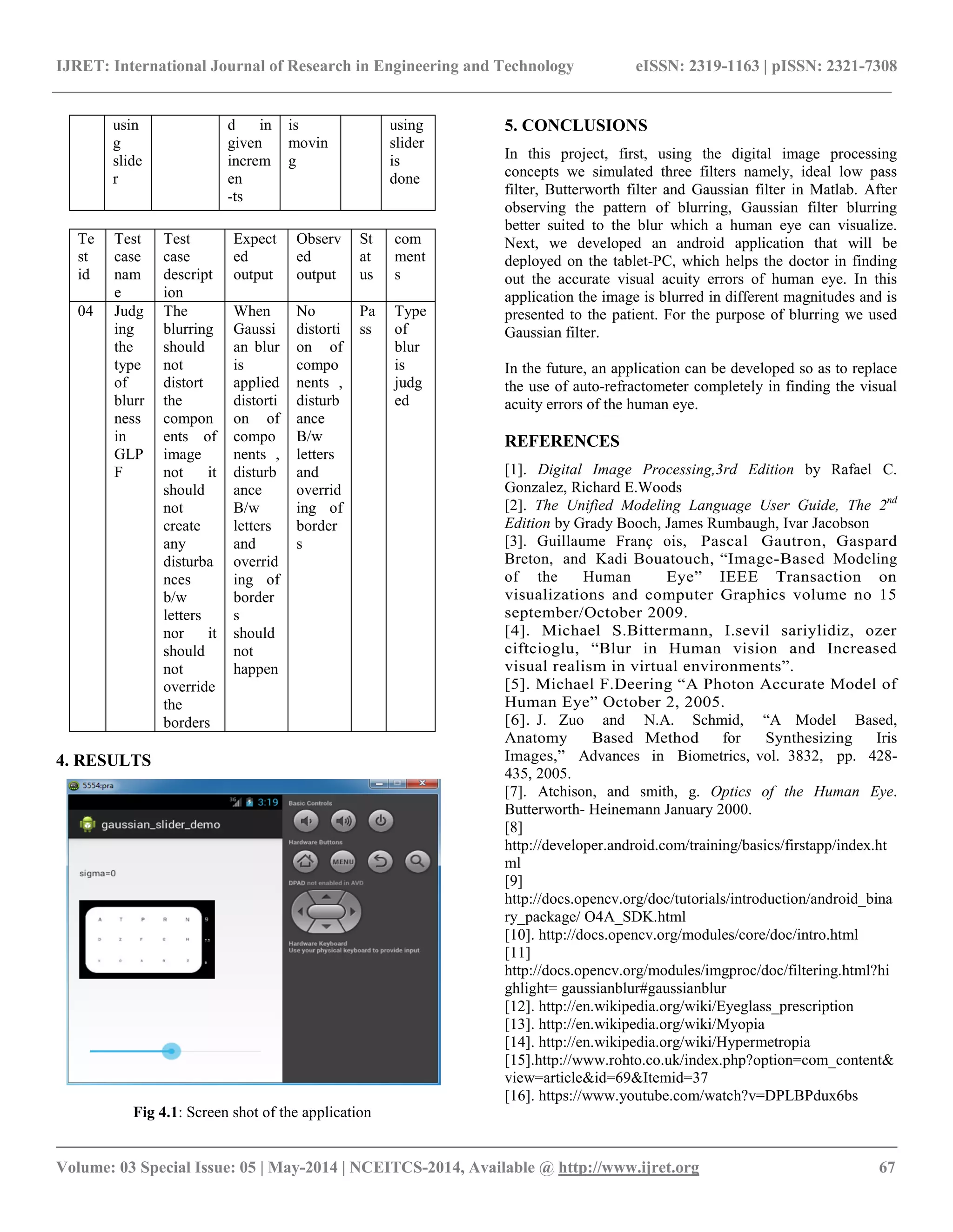IJRET: International Journal of Research in Engineering and Technology eISSN: 2319-1163 | pISSN: 2321-7308
__________________________________________________________________________________________
Volume: 03 Special Issue: 05 | May-2014 | NCEITCS-2014, Available @ http://www.ijret.org 67
usin
g
slide
r
d in
given
increm
en
-ts
is
movin
g
using
slider
is
done
Te
st
id
Test
case
nam
e
Test
case
descript
ion
Expect
ed
output
Observ
ed
output
St
at
us
com
ment
s
04 Judg
ing
the
type
of
blurr
ness
in
GLP
F
The
blurring
should
not
distort
the
compon
ents of
image
not it
should
not
create
any
disturba
nces
b/w
letters
nor it
should
not
override
the
borders
When
Gaussi
an blur
is
applied
distorti
on of
compo
nents ,
disturb
ance
B/w
letters
and
overrid
ing of
border
s
should
not
happen
No
distorti
on of
compo
nents ,
disturb
ance
B/w
letters
and
overrid
ing of
border
s
Pa
ss
Type
of
blur
is
judg
ed
4. RESULTS
Fig 4.1: Screen shot of the application
5. CONCLUSIONS
In this project, first, using the digital image processing
concepts we simulated three filters namely, ideal low pass
filter, Butterworth filter and Gaussian filter in Matlab. After
observing the pattern of blurring, Gaussian filter blurring
better suited to the blur which a human eye can visualize.
Next, we developed an android application that will be
deployed on the tablet-PC, which helps the doctor in finding
out the accurate visual acuity errors of human eye. In this
application the image is blurred in different magnitudes and is
presented to the patient. For the purpose of blurring we used
Gaussian filter.
In the future, an application can be developed so as to replace
the use of auto-refractometer completely in finding the visual
acuity errors of the human eye.
REFERENCES
[1]. Digital Image Processing,3rd Edition by Rafael C.
Gonzalez, Richard E.Woods
[2]. The Unified Modeling Language User Guide, The 2nd
Edition by Grady Booch, James Rumbaugh, Ivar Jacobson
[3]. Guillaume Franc¸ ois, Pascal Gautron, Gaspard
Breton, and Kadi Bouatouch, “Image-Based Modeling
of the Human Eye” IEEE Transaction on
visualizations and computer Graphics volume no 15
september/October 2009.
[4]. Michael S.Bittermann, I.sevil sariylidiz, ozer
ciftcioglu, “Blur in Human vision and Increased
visual realism in virtual environments”.
[5]. Michael F.Deering “A Photon Accurate Model of
Human Eye” October 2, 2005.
[6]. J. Zuo and N.A. Schmid, “A Model Based,
Anatomy Based Method for Synthesizing Iris
Images,” Advances in Biometrics, vol. 3832, pp. 428-
435, 2005.
[7]. Atchison, and smith, g. Optics of the Human Eye.
Butterworth- Heinemann January 2000.
[8]
http://developer.android.com/training/basics/firstapp/index.ht
ml
[9]
http://docs.opencv.org/doc/tutorials/introduction/android_bina
ry_package/ O4A_SDK.html
[10]. http://docs.opencv.org/modules/core/doc/intro.html
[11]
http://docs.opencv.org/modules/imgproc/doc/filtering.html?hi
ghlight= gaussianblur#gaussianblur
[12]. http://en.wikipedia.org/wiki/Eyeglass_prescription
[13]. http://en.wikipedia.org/wiki/Myopia
[14]. http://en.wikipedia.org/wiki/Hypermetropia
[15].http://www.rohto.co.uk/index.php?option=com_content&
view=article&id=69&Itemid=37
[16]. https://www.youtube.com/watch?v=DPLBPdux6bs
 