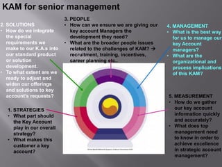 KAM for senior management
                            3. PEOPLE
2. SOLUTIONS                • How can we ensure we are giving our    4. MANAGEMENT
• How do we integrate          key account Managers the              • What is the best way
   the special                 development they need?                   for us to manage our
   requirements we          • What are the broader people issues        key Account
   make to our K.A.s into      related to the challenges of KAM?       managers?
   our standard product        recruitment, training, incentives,    • What are the
   or solution                 career planning etc..                    organizational and
   development.                                                         process implications
• To what extent are we                                                 of this KAM?
   ready to adjust and
   widen our offerings
   and solutions to key
   account’s requests?                                               5. MEASUREMENT
                                                                     • How do we gather
   1. STRATEGIES                                                        our key account
   • What part should                                                   information quickly
      the Key Account                                                   and accurately?
      play in our overall                                            • What does top
      strategy?                                                         management need
   • What makes this                                                    to know in order to
      customer a key                                                    achieve excellence
      account?                                                          in strategic account
                                                                        management?
 