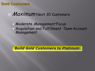    Maximum Next 30 Customers
     Moderate Management Focus
     Acquisition and Fulfillment Team Account
      Management



        Build Gold Customers to Platinum
 