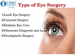 Type of Eye Surgery
1)Lasik Eye Surgery
2)Cataract Surgery
3)Diabetic Eye Care
4)Glaucoma Diagnosis ana Lasers
5)Oculaplastic Surgery
 
