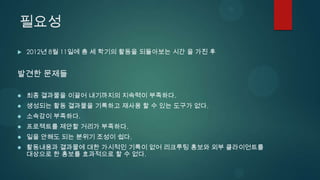 필요성
   2012년 8월 11일에 총 세 학기의 활동을 되돌아보는 시간 을 가진 후


발견한 문제들

   최종 결과물을 이끌어 내기까지의 지속력이 부족하다.
   생성되는 활동 결과물을 기록하고 재사용 할 수 있는 도구가 없다.
   소속감이 부족하다.
   프로젝트를 제안할 거리가 부족하다.
   일을 안해도 되는 분위기 조성이 쉽다.
   활동내용과 결과물에 대한 가시적인 기록이 없어 리크루팅 홍보와 외부 클라이언트를
    대상으로 한 홍보를 효과적으로 할 수 없다.
 