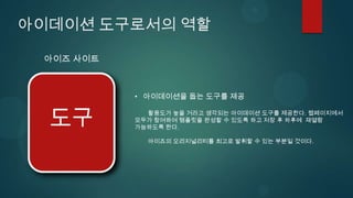 아이데이션 도구로서의 역할

 아이즈 사이트



           • 아이데이션을 돕는 도구를 제공


  도구         활용도가 높을 거라고 생각되는 아이데이션 도구를 제공한다. 웹페이지에서
           모두가 참여하여 템플릿을 완성할 수 있도록 하고 저장 후 차후에 재열람
           가능하도록 한다.

             아이즈의 오리지널리티를 최고로 발휘할 수 있는 부분일 것이다.
 