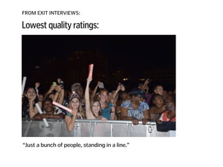 FROM EXIT INTERVIEWS:
“Just a bunch of people, standing in a line.”
Lowest quality ratings:
 