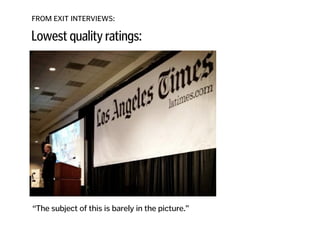 FROM EXIT INTERVIEWS:
“The subject of this is barely in the picture.”
Lowest quality ratings:
 