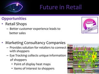 Future in Retail
Eye Tracking Technology
 Tracks customer interest
through the eyes
 Interactive displays that
projects visual
information through
Augmented Reality
 