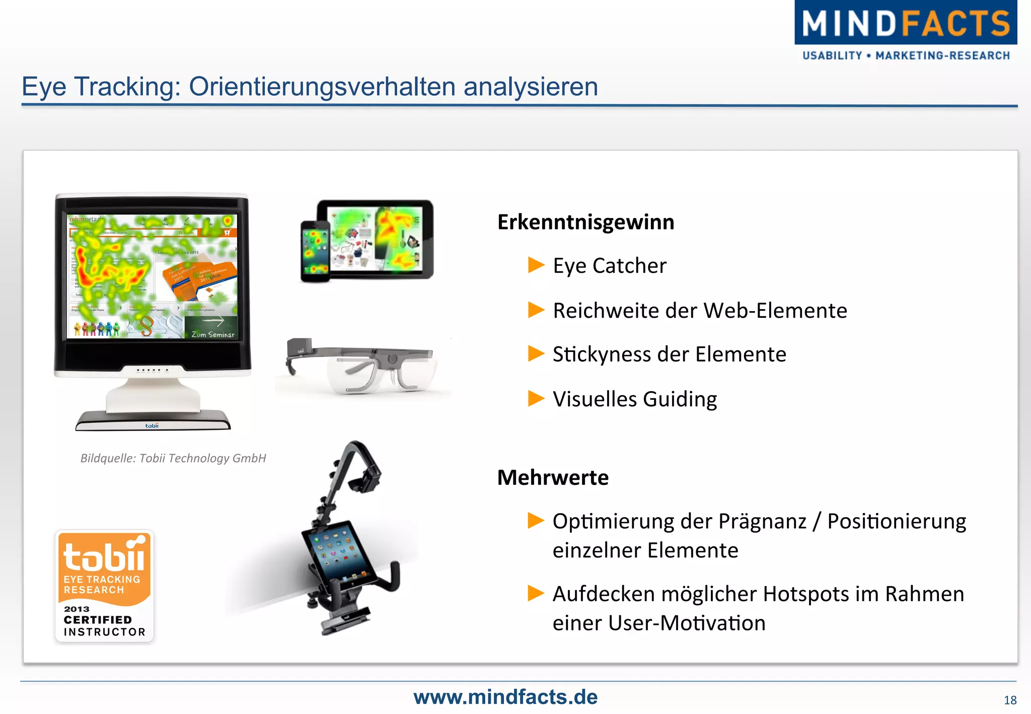 18	
  
Eye Tracking: Orientierungsverhalten analysieren
Bildquelle:	
  Tobii	
  Technology	
  GmbH	
  
www.mindfacts.de
Erkenntnisgewinn	
  
► Eye	
  Catcher	
  
► Reichweite	
  der	
  Web-­‐Elemente	
  	
  
► S-ckyness	
  der	
  Elemente	
  
► Visuelles	
  Guiding	
  
Mehrwerte	
  
► Op-mierung	
  der	
  Prägnanz	
  /	
  Posi-onierung	
  
einzelner	
  Elemente	
  
► Aufdecken	
  möglicher	
  Hotspots	
  im	
  Rahmen	
  
einer	
  User-­‐Mo-va-on	
  
 