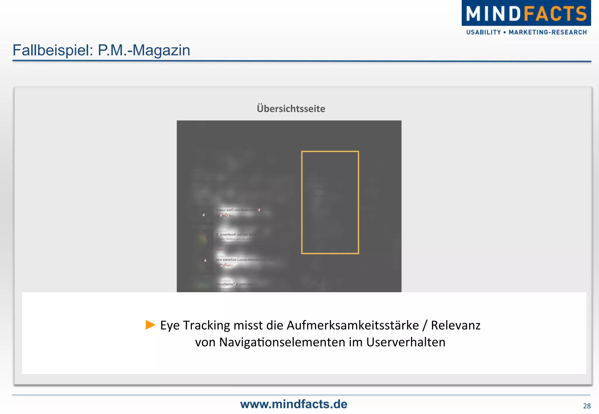 28	
  
Fallbeispiel: P.M.-Magazin
www.mindfacts.de
Übersichtsseite	
  
► Eye	
  Tracking	
  misst	
  die	
  Aufmerksamkeitsstärke	
  /	
  Relevanz	
  
von	
  Naviga-onselementen	
  im	
  Userverhalten	
  	
  
 
