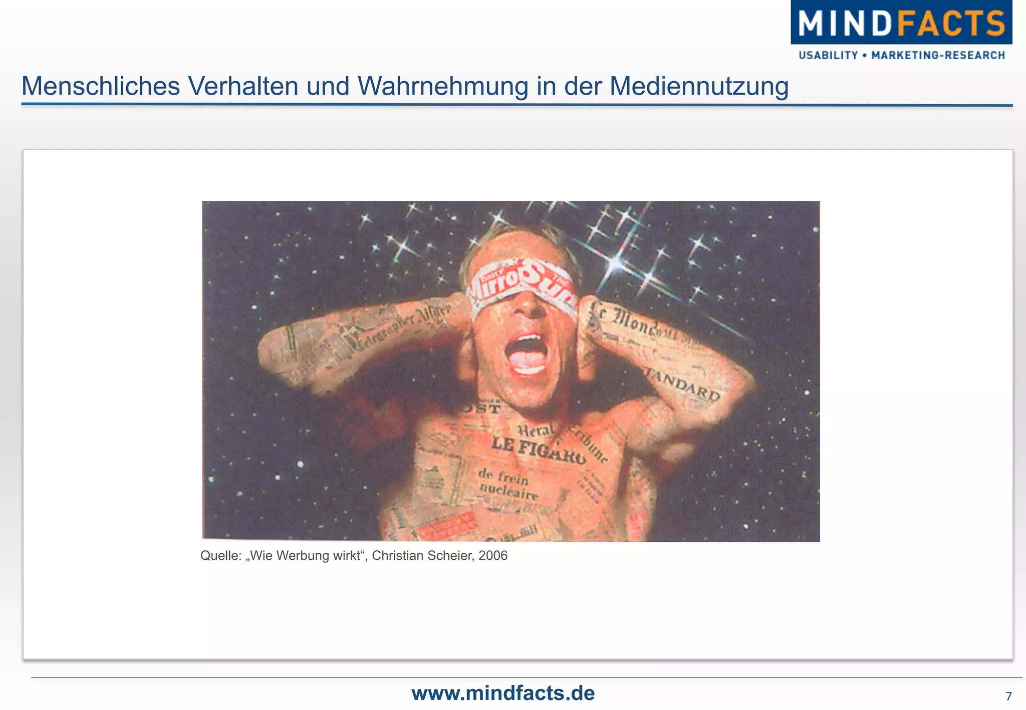 7	
  
Menschliches Verhalten und Wahrnehmung in der Mediennutzung
www.mindfacts.de
Quelle: „Wie Werbung wirkt“, Christian Scheier, 2006
 