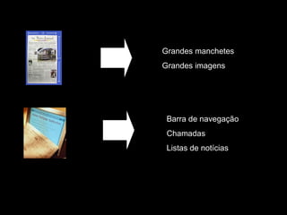 Grandes manchetes Grandes imagens Barra de navegação Chamadas Listas de notícias 