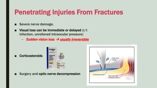 Penetrating Injuries From Fractures
■ Severe nerve damage.
■ Visual loss can be immediate or delayed (r/t
infection, unrelieved intraocular pressure)
– Sudden vision loss  usually irreversible
■ Corticosteroids
■ Surgery and optic nerve decompression
 