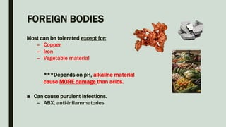 FOREIGN BODIES
Most can be tolerated except for:
– Copper
– Iron
– Vegetable material
***Depends on pH, alkaline material
cause MORE damage than acids.
■ Can cause purulent infections.
– ABX, anti-inflammatories
 