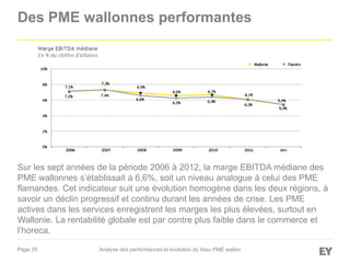 Page 25
Des PME wallonnes performantes
Sur les sept années de la période 2006 à 2012, la marge EBITDA médiane des
PME wallonnes s’établissait à 6,6%, soit un niveau analogue à celui des PME
flamandes. Cet indicateur suit une évolution homogène dans les deux régions, à
savoir un déclin progressif et continu durant les années de crise. Les PME
actives dans les services enregistrent les marges les plus élevées, surtout en
Wallonie. La rentabilité globale est par contre plus faible dans le commerce et
l’horeca.
Analyse des performances et évolution du tissu PME wallon
 
