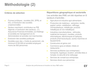 Page 8
Méthodologie (2)
Critères de sélection
► Formes juridiques : sociétés (SA, SPRL et
SC), à l’exclusion des sociétés
unipersonnelles
► Secteur marchand, contributeur au PIB
régional, à l’exclusion des secteurs : (1)
Assurance-Finances-immobilier, (2) Holdings
et sociétés de management et (3)
Administration et activités non-marchandes
► Exclusion des sociétés publiques
► Sociétés avec des « Coûts du personnel » de
minimum €150.000 et sociétés employant
moins de 500 personnes
Répartitions géographique et sectorielle
Les activités des PME ont été réparties en 8
secteurs d’activités :
► Agriculture et industrie agro-alimentaire
► Production de matériaux : extraction, textile,
papier/ carton, cokéfaction, raffinage,
chimie/plastique, métallurgie, produits
métalliques et non-métalliques
► Industries manufacturières : véhicules,
matériel de transport, meubles, produits
informatiques, électroniques et optiques,
produits pharmaceutiques, autres machines et
équipements
► Construction et génie civil
► Commerce (gros et détail), hôtels et
restaurants ;
► Services auxiliaires (aux entreprises) :
transports, logistique, location, activités liées à
l’emploi, la sécurité et le nettoyage
► Services de conseil aux entreprises
► Services divers aux personnes
Analyse des performances et évolution du tissu PME wallon
 