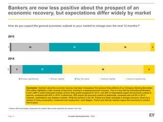 European Banking Barometer – 2015
1 26 35 35 3
Bankers are now less positive about the prospect of an
economic recovery, but expectations differ widely by market
How do you expect the general economic outlook in your market to change over the next 12 months?*
Page 10
* Numbers reflect the percentage of respondents who answered. Base excludes respondents who answered “Don’t know.”
Comments: Optimism about the economic recovery had been increasing in the previous three editions of our European Banking Barometer.
This edition highlights a stark reversal of that trend, pointing to a slowing economic recovery. This is in line with the International Monetary
Fund’s (IMF’s) recent downward revision of Euro Area growth prospects for 2015. Just 38% of respondents expect the economic outlook to
improve, compared with 64% in 2014. Furthermore, 28% expect the economic outlook to deteriorate, compared with just 9% in 2014.
However, expectations vary between markets. While the bankers in the UK, Poland and Spain anticipate a stronger economy, driven by a
mixture of rising consumption, investment and employment, more Belgian, French and German bankers expect their economy to contract
than to grow.
1 8 27 56 8
Worsen significantly Worsen slightly Stay the same Improve slightly Improve significantly
2014
2015
 