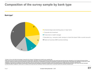 European Banking Barometer – 2015Page 4
Composition of the survey sample by bank type
23
13
12
14
38
Bank type*
Universal (large-scale banking group or major bank)
Corporate and investment
Private bank or wealth manager
Specialist (e.g., consumer credit, savings or a bank that doesn’t offer a current account)
Retail and business (SME business banking)
* Numbers in the pie chart reflect the percentage of respondents who answered. Percentages were calculated using unweighted data.
Please note that, given the structure of the German and Swiss banking markets, respondents in these two countries were provided with country-specific bank types that have been reallocated to our five European bank types as follows:
In Germany, big banks and regional banks were reallocated to universal banks; foreign banks (not headquartered in Germany) were reallocated to corporate and investment banks; private bankers were reallocated to private banks or wealth
management; savings banks and cooperative banks were reallocated to retail and business banks; and central building societies, building loan associations and mortgage banks were reallocated to specialist banks.
In Switzerland, major banks were reallocated to universal banks; investment banks were reallocated to corporate and investment banks; private bankers (general or limited partnership) and banks under foreign control were reallocated
to private banks/wealth management; cantonal banks, and regional and savings banks were reallocated to retail and business banks; and securities traders were reallocated to specialist banks.
 