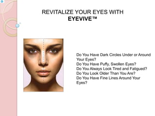 REVITALIZE YOUR EYES WITH EYEVIVE™ Do You Have Dark Circles Under or Around Your Eyes? Do You Have Puffy, Swollen Eyes? Do You Always Look Tired and Fatigued? Do You Look Older Than You Are? Do You Have Fine Lines Around Your Eyes? 