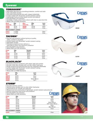 Tomahawk®
•	 Affordable alternative for providing protection, comfort and style
•	 Fully adjustable temples
•	 One-piece polycarbonate lens with integral sideshields
•	 Lenses treated with Duramass®
scratch-resistant coating
•	 Lightweight frame provides added comfort and balance
•	 Provides 99.9% UV protection
•	 Available in black or blue frame colours with clear or grey lens tints
•	 Meets CSA and ANSI standards
SJ318
SE590
SN478
Blackjack®
•	 Combines premium protection with classic style and comfort
•	 Durable metal alloy temples with non-slip rubber head grips
•	 Single wraparound polycarbonate lens has integrated sideshields
•	 Lenses treated with Duramass®
scratch-resistant coating
•	 Provides 99.9% UV protection
•	 Meets CSA and ANSI Standards
Order	 Mfg.	 Lens
No.	 No.	 Tint
SN478	 S2110	 Clear
SN479	 S2112	 Grey
SN480	 S2117	 Silver Mirror
SN481	 S2119	 I/OTM
Tacoma®
•	 Get low-cost protection without giving up quality, 	
safety, comfort or durability
•	 Lenses treated with Duramass®
scratch-resistant coating
•	 Adjustable temples
•	 One-piece wraparound lens delivers a	
wide field of vision and maximum protection
•	 Provides 99.9% UV protection
•	 Meets ANSI and CSA standards
Order	 Mfg.	 Temple	 Lens
No.	 No.	 Colour	 Tint
SJ318	 TC110	 Black	 Clear	
SJ319	 TC112	 Black	 Grey
SJ320	 TC120	 Blue	 Clear	
SJ321	 TC122	 Blue	 Grey
Storm®
•	 Provides extreme comfort
•	 Ratchet-action temples and non-slip rubber head-grips
•	 Customized fit for virtually any head size
•	 Wraparound lens constructed of lightweight, scratch-resistant polycarbonate
•	 Delivers advanced visual acuity and protection
•	 Provides 99.9% UV protection
•	 Meets ANSI and CSA standards
Order	 Mfg.	 Temple	 Lens
No.	 No.	 Colour	 Tint
SJ326	 ST110	 Black	 Clear
SJ327	 ST112	 Black	 Grey
SJ328	 ST117	 Black	 Silver Mirror
SJ329	 ST119	 Black	 I/OTM
Clear Mirror
SJ330	 ST120	 Blue	 Clear
SJ332	 ST128	 Blue	 Blue Mirror
SJ333	 ST130	 Red	 Clear
Replacement Lenses
SJ397	 L-1ST00	 -	 Clear
Black	 Mfg. 	 Blue	 Mfg.	 Lens
Order No.	 No.	 Order No.	 No.	 Tint
SE588	 TK110	 SE590	 TK120	 Clear
SE589	 TK112	 SE591	 TK122	 Grey
Replacement lenses
SJ412	 L-1TK00	 	 	 Clear
SJ413	 L-1TK02	 	 	 Grey
96
21754E
Eyewear
2210_084_100_Eng.indd 96 11/28/08 1:35:24 PM
 