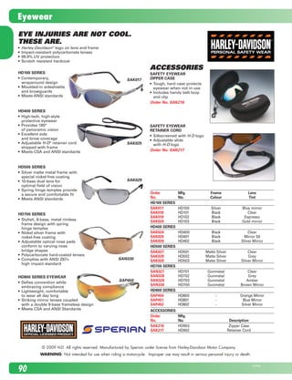 Order	 Mfg.	 Frame	 Lens	
No.	 No.	 Colour	 Tint	
HD100 Series
SAK017	 HD100	 Silver	 Blue mirror
SAK018	 HD101	 Black	 Clear
SAK019	 HD102	 Black	 Espresso
SAK020	 HD103	 Black	 Gold mirror
HD400 Series
SAK024	 HD400	 Black	 Clear
SAK025	 HD401	 Black	 Mirror 50
SAK026	 HD402	 Black	 Silver Mirror
HD500 Series
SAK027	 HD501	 Matte Silver	 Clear
SAK028	 HD502	 Matte Silver	 Grey
SAK029	 HD503	 Matte Silver	 Silver Mirror
HD700 Series
SAN327	 HD701	 Gunmetal	 Clear
SAN328	 HD702 	 Gunmetal	 Grey
SAN329	 HD703 	 Gunmetal	 Amber
SAN330	 HD700 	 Gunmetal	 Brown Mirror
HD800 Series
SAP450	 HD800	 -	 Orange Mirror
SAP451	 HD801	 -	 Blue Mirror
SAP452	 HD802	 -	 Silver Mirror
Accessories
Order	 Mfg.		
No.	 No.	Description
SAK216	 HD903	 Zipper Case
SAK217	 HD902	 Retainer Cord
EYE INJURIES ARE NOT COOL.
THESE ARE.
•	 Harley-Davidson®
logo on lens and frame
•	 Impact-resistant polycarbonate lenses
•	 99.9% UV protection
•	 Scratch resistant hardcoat
HD100 Series
•	 Contemporary,	
wraparound design
•	 Moulded-in sideshields	
and browguards
•	 Meets ANSI standards
HD400 Series
•	 High-tech, high-style	
protective eyewear
•	 Provides 180° 	
of panoramic vision
•	 Excellent side 	
and brow coverage
•	 Adjustable H-D®
retainer cord 	
shipped with frame
•	 Meets CSA and ANSI standards
HD500 Series
•	 Silver matte metal frame with	
special nickel-free coating
•	 10-base dual lens for	
optimal field of vision
•	 Spring hinge temples provide	
a secure and comfortable fit
•	 Meets ANSI standards
HD700 Series
•	 Stylish, 8-base, metal rimless 	
frame design with spring 	
hinge temples
•	 Nickel silver frame with 	
nickel-free coating
•	 Adjustable optical nose pads 	
conform to varying nose 	
bridge shapes
•	 Polycarbonate hard-coated lenses
•	 Complies with ANSI Z87+ 	
high impact standard
HD800 Series Eyewear
•	 Defies convention while	
embracing compliance
•	 Lightweight, comfortable 	
to wear all day long
•	 Striking mirror lenses coupled 	
with a double 9-base frameless design
•	 Meets CSA and ANSI Standards
Accessories
Safety eyewear
zipper case
•	 Tough, hard case protects	
eyewear when not in use
•	 Includes handy belt loop	
and clip
Order No. SAK216
Safety eyewear
retainer cord
•	 Silkscreened with H-D logo
•	 Adjustable slide 	
with H-D logo
Order No. SAK217
SAK017
SAK025
SAK029
SAN330
WARNING: Not intended for use when riding a motorcycle. Improper use may result in serious personal injury or death.
© 2009 H-D. All rights reserved. Manufactured by Sperian under license from Harley-Davidson Motor Company.
SAP450
90
23792E
Eyewear
2210_084_100_Eng.indd 90 11/28/08 1:33:34 PM
 