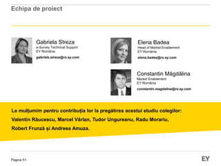 Pagina 51
Echipa de proiect
Le mulțumim pentru contribuția lor la pregătirea acestui studiu colegilor:
Valentin Răucescu, Marcel Vârlan, Tudor Ungureanu, Radu Morariu,
Robert Frunză și Andreea Amuza.
Constantin Măgdălina
Market Enablement
EY România
constantin.magdalina@ro.ey.com
Elena Badea
Head of Market Enablement
EY România
elena.badea@ro.ey.com
Gabriela Streza
e-Survey Technical Support
EY România
gabriela.streza@ro.ey.com
 