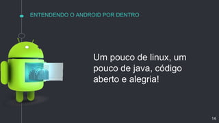 ENTENDENDO O ANDROID POR DENTRO
Um pouco de linux, um
pouco de java, código
aberto e alegria!
14
 