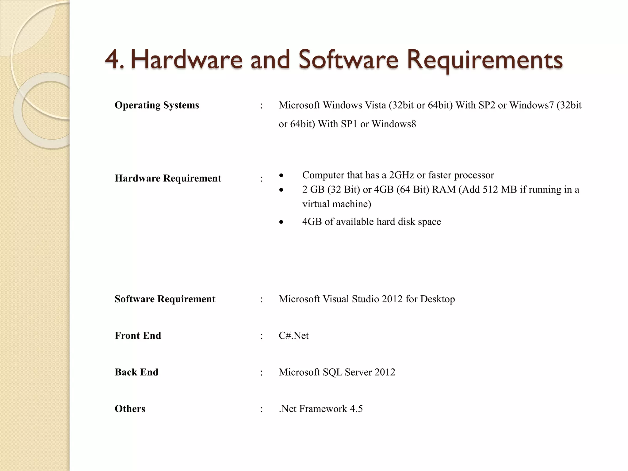 4. Hardware and Software Requirements
Operating Systems : Microsoft Windows Vista (32bit or 64bit) With SP2 or Windows7 (32bit
or 64bit) With SP1 or Windows8
Hardware Requirement :  Computer that has a 2GHz or faster processor
 2 GB (32 Bit) or 4GB (64 Bit) RAM (Add 512 MB if running in a
virtual machine)
 4GB of available hard disk space
Software Requirement : Microsoft Visual Studio 2012 for Desktop
Front End : C#.Net
Back End : Microsoft SQL Server 2012
Others : .Net Framework 4.5
 