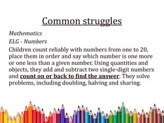 Common struggles
Mathematics
ELG - Numbers
Children count reliably with numbers from one to 20,
place them in order and say which number is one more
or one less than a given number. Using quantities and
objects, they add and subtract two single-digit numbers
and count on or back to find the answer. They solve
problems, including doubling, halving and sharing.
 
